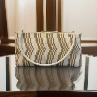 Vintage 1950’s Gold Frame White & Gold Beaded Evening Handbag / Purse Hong Kong - Image 1 of 4