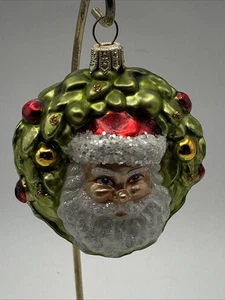 Christmas Ornament Holly Berry Wreath Santa Face Blown Glass - Picture 1 of 6