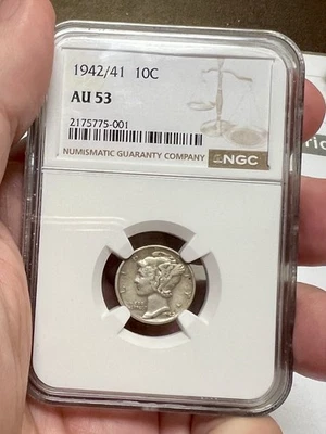 1942/41 10c Mercury Silver Dime 42 Over 41 Overdate Coin NGC AU53 RARE - Image 1 of 4