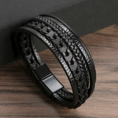 1pc Men’s Multilayer Leather Rope Bracelet Alloy Magnetic Buckle Bangle - NEW - Image 1 of 4
