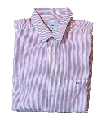Camisa masculina manga longa Lacoste listra branca rosa ajuste moderno botão 46 (XXL) - Imagem 1 de 4