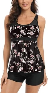 AOQUSSQOA Two Pieces Tankini Boy Shorts Set Swimsuit Black Pink Flower L UK10 12 - Picture 1 of 6