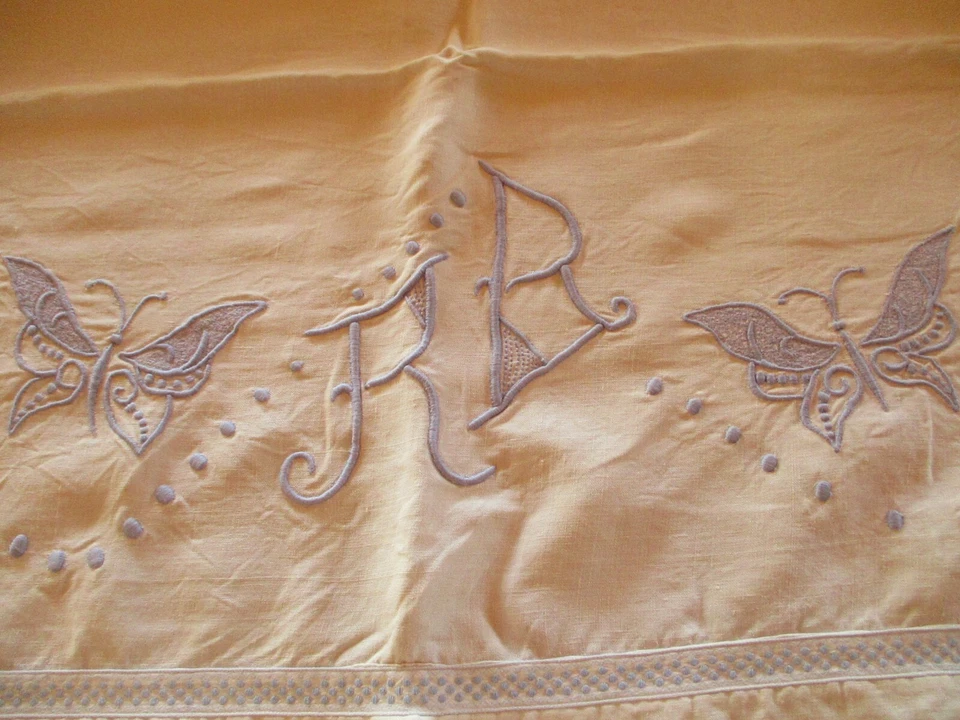 Drap N°86 ancien en fil de lin monogramme RB  207 X 295 Cm    papillons bleus - Photo 1/4