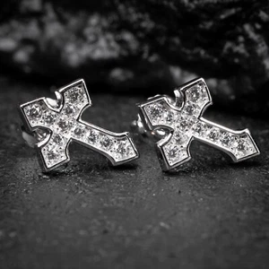 White Gold Sterling Silver Iced Cz Channel Set Cross Screw Back Stud Earrings - Picture 1 of 6