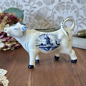 Vintage Delft Blue Holland Cow Creamer Milk Jug Windmill Hand Painted - Picture 1 of 16