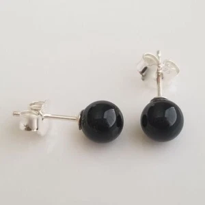 Pretty Jewelry 925 Sliver Natural Black Onyx 10mm Round Ball Stud Earrings - Picture 1 of 6