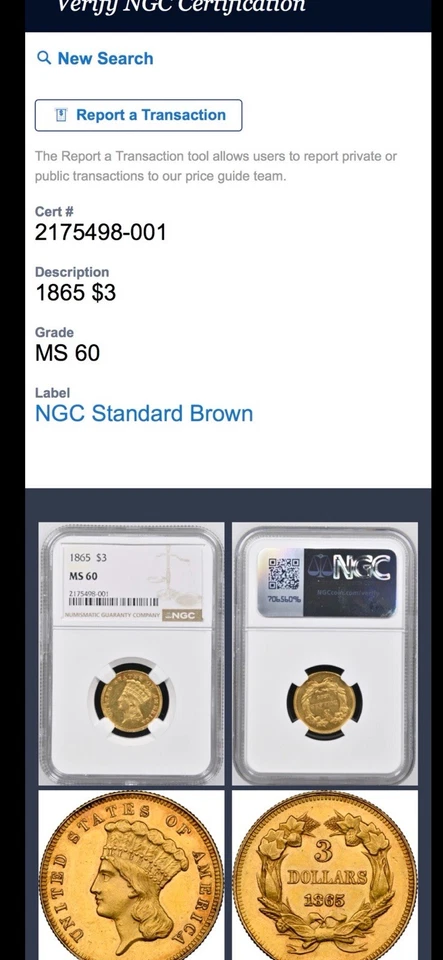Rare 1865 $3 Gold Coin.  NGC Graded MS 60 - Image 1 of 1