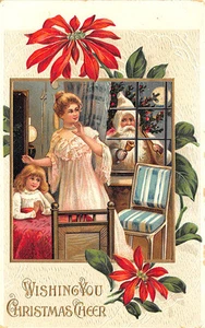 Christmas Santa Claus White Robed Mother & Child Embossed Postcard - Picture 1 of 2