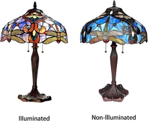 Tiffany Style Victorian 2 Light Table Lamp Gold Dragonfly Blue Stained Glass 24" - Picture 1 of 3