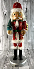 Christmas Nutcracker Santa w/ Sack, Bottle Brush Tree 14" Tall Glitter  & Fur
