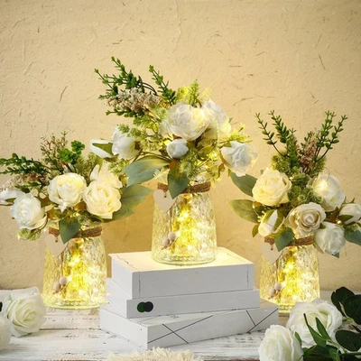 3 Juegos Flores Artificiales en Jarrón Boda Imitación Seda Rosas Flor con Florero y... Foto 1 de 4