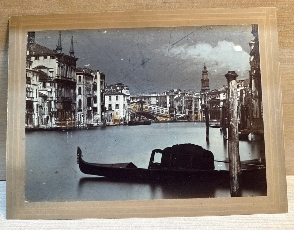 GRAND CANAL VENICE ITALY Albumen Photo Late 1800's Gondolla Rialto Venezia 11x8 - Image 1 of 4