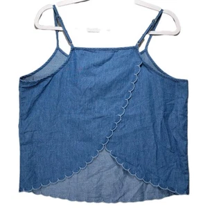 Your Story Tank Top Womens L Denim Halter Shirt Scalloped Split Back Casual Blue - Picture 1 of 10