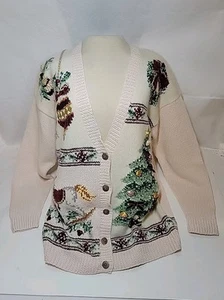 Vtg 1994 Marisa Christina Classics Christmas Sweater Cardigan Wool Blend L - Picture 1 of 17