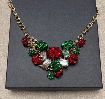 Betsey Johnson Christmas Statement Necklace Gift Bow Crystal Holiday Dazzle New - Image 1 of 3