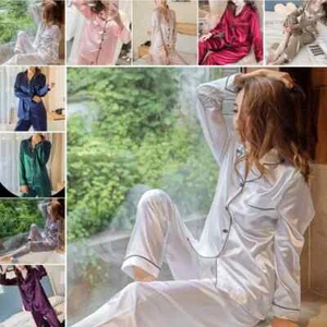 2 Pieces Women Silk Satin Pajamas Pyjamas Set Sleepwear Pijama Winter Long... - Picture 1 of 33