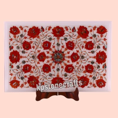 12" x 18"  Floral Design Inlay Rectangular White Marble Top Coffee Table - Image 1 of 4