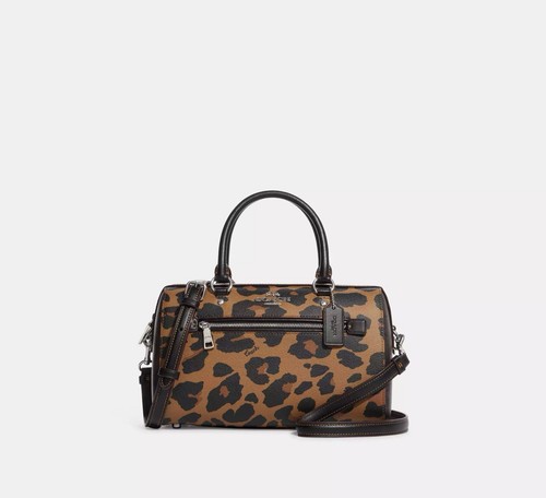 Borsa Coach CC758 Rowan nuova con etichetta in tela e pelle firmata con stampa leopardata