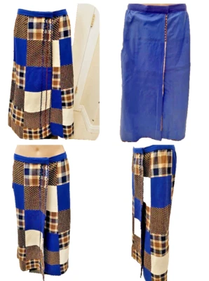 Maxi Falda De Colección Años 70 Patchwork Boho Hippie Envolvente Marrón Crema Cuadros Azul Marino con Lunares Foto 1 de 4