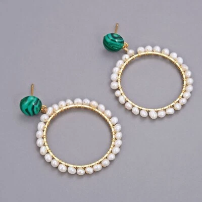 Aretes tipo argolla circular grande enchapados en color oro malaquitas verdes para mujer regalo Foto 1 de 4