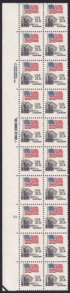 Scott #1894e Flag over Supreme Court Plate Block of 20 Stamps MNH P#2 Shiny Gum - Image 1 of 2