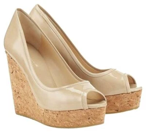 JIMMY CHOO PAPINA NUDE PATENT GOLD LOGO PLATE CORK WEDGES EU 40 I LOVE SHOES - Picture 1 of 8
