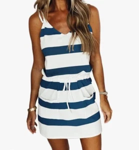 NEW Casual Sleeveless Halter Boho Dress Size S Navy & White - Picture 1 of 14