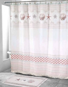 Avanti Coronado Shower Curtain Shells Coastal 72" x 72" Ivory Pink Aqua Fringe - Picture 1 of 9