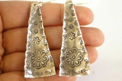 Thai Hill Tribe Long Cone Shaped Tribal Motif No Stone Sterling Silver Earrings - Image 1 of 3