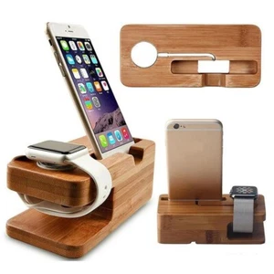Phone Holder Bamboo Wooden Mobile Charging Dock Station for  Apple Watch iPhone - Picture 1 of 8