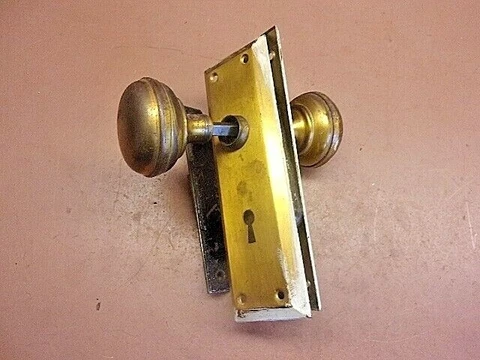 Vintage Complete Brass Plated Mortise Lockset w/Skeleton Key Backplates No Keys Cover
