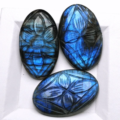 3 Pcs Natural Labradorite Hi-Quality 40mm-42mm Hand Floral Carved Cabs Gemstones - Image 1 of 4