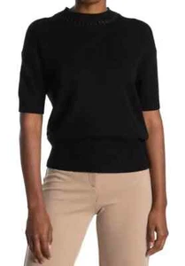 $285 NWT Theory Mixed Trim Crew Neck Cashmere Black Pullover sz M - Imagen 1 de 12
