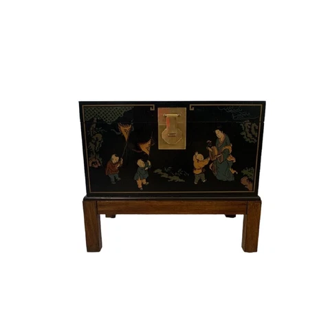 Chinese DREXEL HERITAGE ET CETERA Black Chinoiserie side Table Chest Trunk Cover