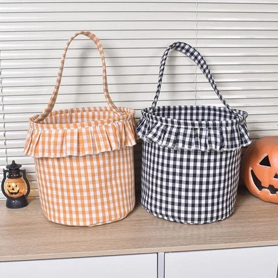 Cestino a scacchi con nappa, cestino portaoggetti portatile in tessuto colorato - Immagine 1 di 4