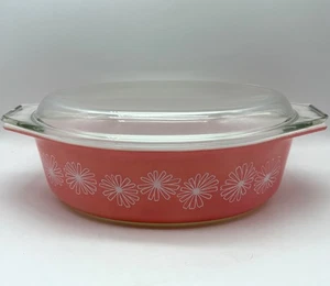 Vintage Pyrex Rosa Gänseblümchen 2-1/2 Quart Oval Auflaufform mit Deckel #042 - Bild 1 von 17