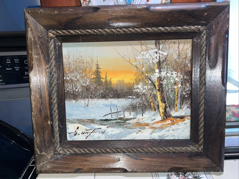 Pintura Vintage Invierno Escena Puesta de Sol Enmarcada Óleo Foto 1 de 4