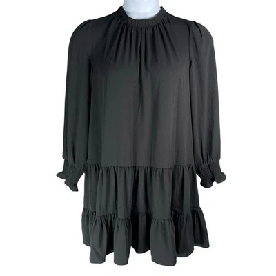 Nine West Dress Medium Black Tiered Long Sleeves Pleated Neck Smocked Cuffs - Image 1 of 4