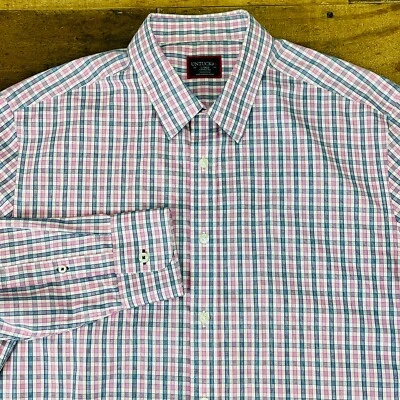 Camisa masculina UNTUCkit grande rosa azul xadrez manga longa botão para cima sem rugas - Imagem 1 de 4