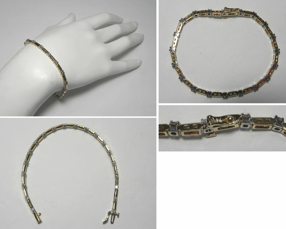 C1952 Estate 14K Solid YG/WG .80ctw Diamond Two Tone Bar Link Line Bracelet 7.5" - Image 1 of 1
