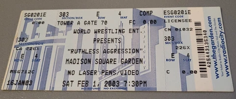 WWE RUTHLESS AGGRESSION MADISION SQUARE GARDEN NYC 2/1/03 TICKET STUB RIC FLAIR Cover