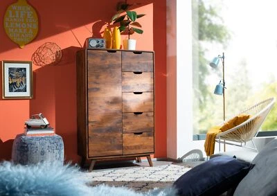 Kommode Sheesham 90x40x145 walnuss lackiert Highboard Schubladen Schrank - Bild 1 von 4