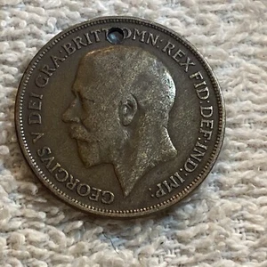 1914 Great Britain 1 Penny George V Drilled For Jewelry Some Toning - Picture 1 of 8