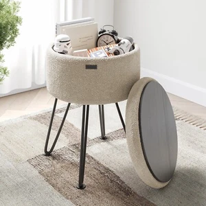 StorageBud Round Ottoman with Storage, Boucle Foot Stool, Vanity & Makeup Stool - Picture 1 of 18