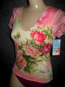 Claire Pettibone Top Pink Crop Pink w Red Roses Stretch Lace Inset Unworn XS 32 - Imagen 1 de 9