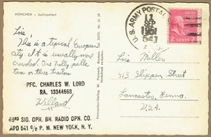 1951 CDS APO 541 : Lager Roeder, Salzburg Österreich : Handstempel auf München PPC - Bild 1 von 2