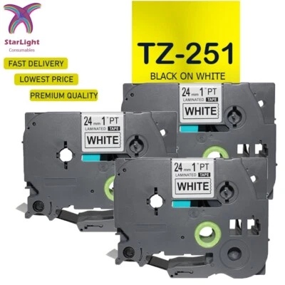 3 Label Tape Black on White Compatible With Brother TZ251 PT- E550WVP - Image 1 of 4