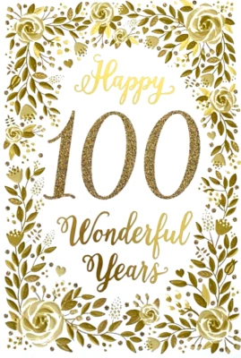 "Happy 100 Wonderful Years" Golden Flowers Embossed MEDIUM Birthday Card - Image 1 of 4