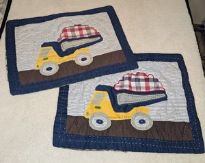 Pottery Barn Kids Set of 2 Pillow Shams Plaid Dump Trucks Construction 26x19 in - Picture 1 of 11