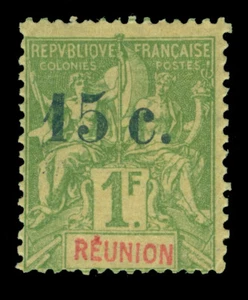 French Colonies - REUNION Is. 1901 Sage SURCH. 15/1fr NO BAR var. Sc 59b mint MH - Picture 1 of 2